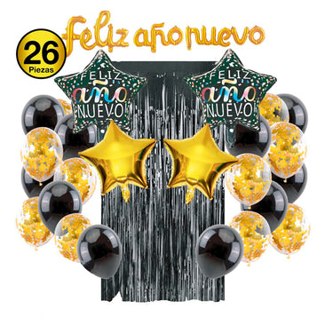 Set Globo Mylar/Banner/Cortina Feliz Año Negro 30 Piezas