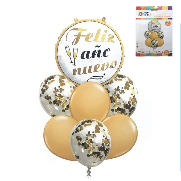 Globo Latex/Mylar Feliz Año Nuevo 7 Unidades